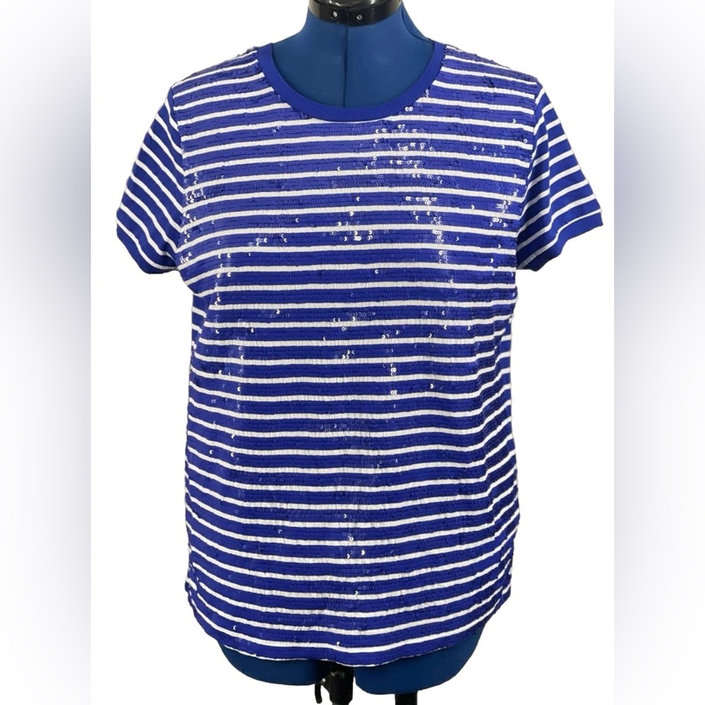 Ralph Lauren Striped Sequined Short-Sleeve‎ Blouse Blue White L Sparkly Festive